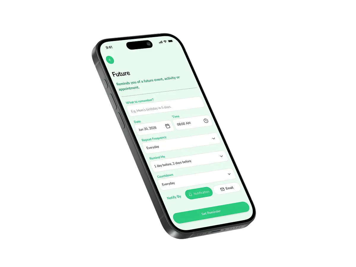 iPhone showing a Future reminder creation form with date, time, and notification settings