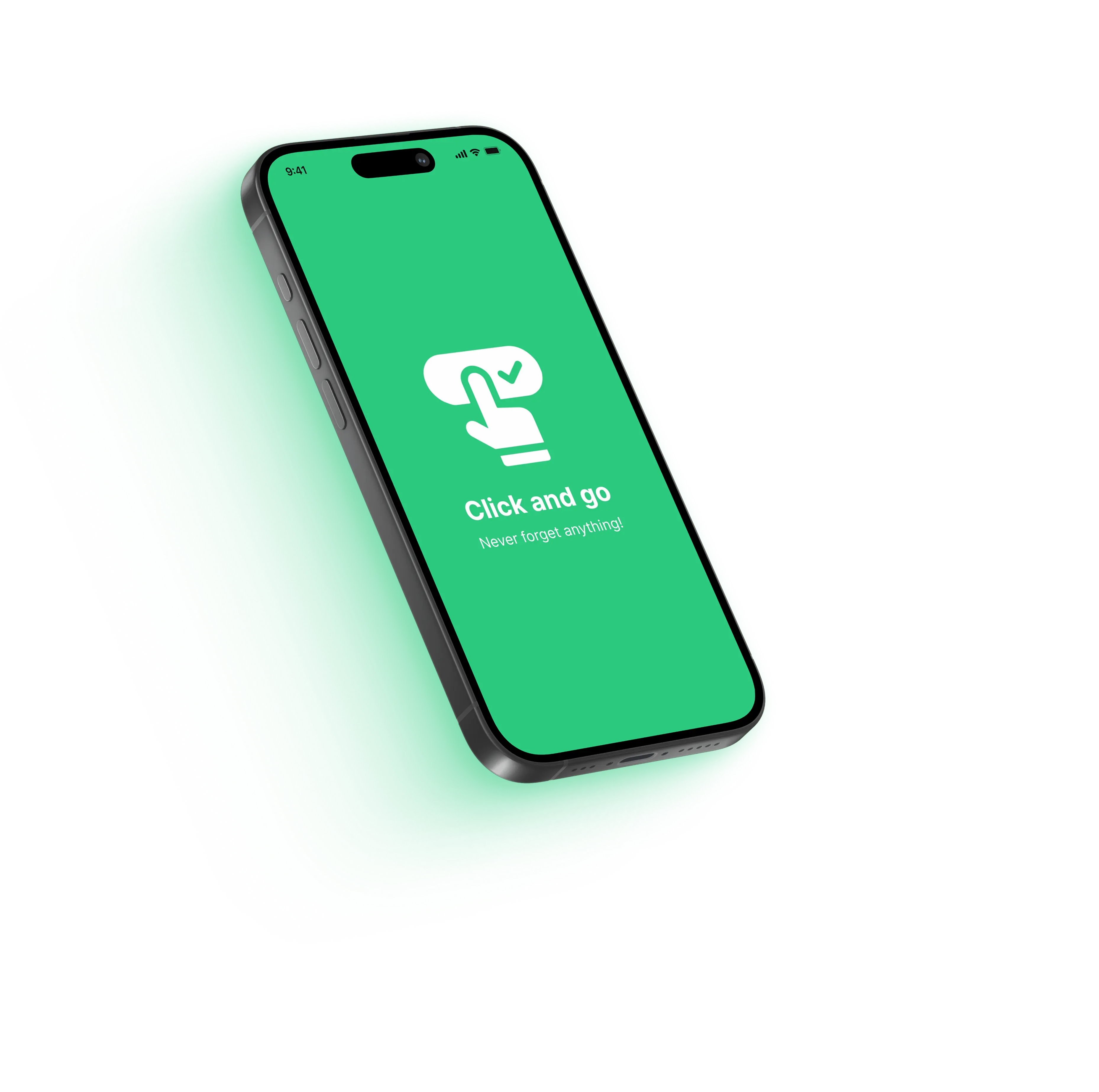 iPhone showing Click and Go splash screen – Never forget anything