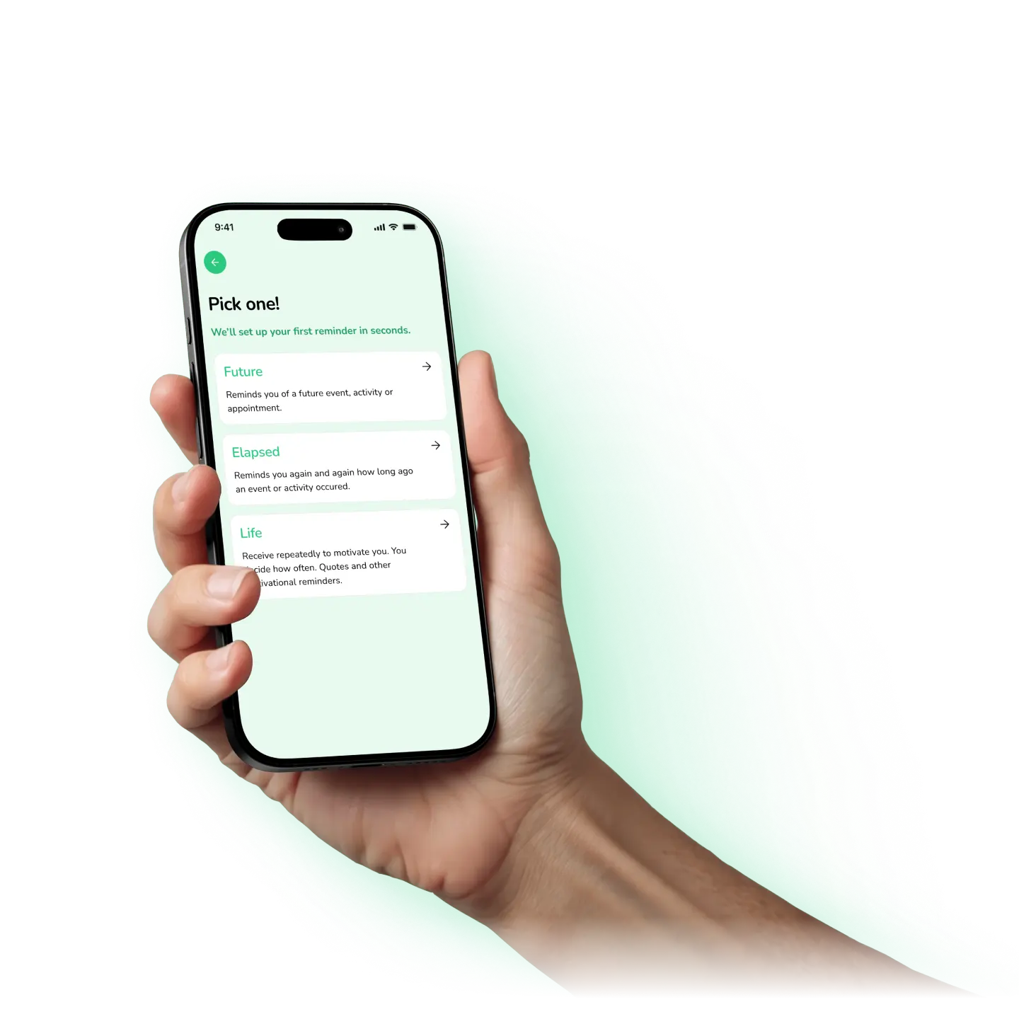 Hand holding an iPhone showing the Click and Go app with Future, Elapsed, and Life reminder options