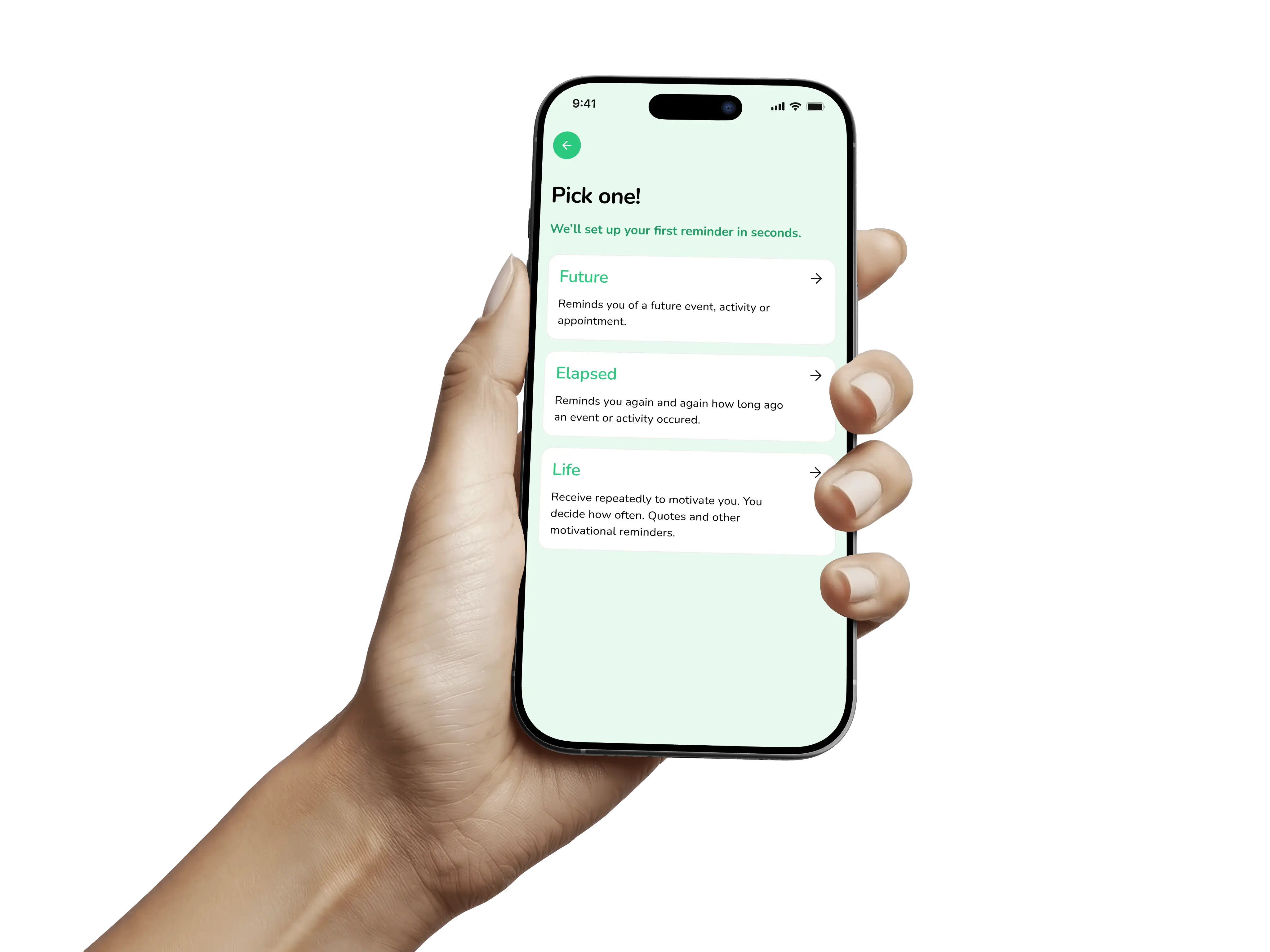 Hand holding an iPhone showing the Click and Go Pick one category selection screen